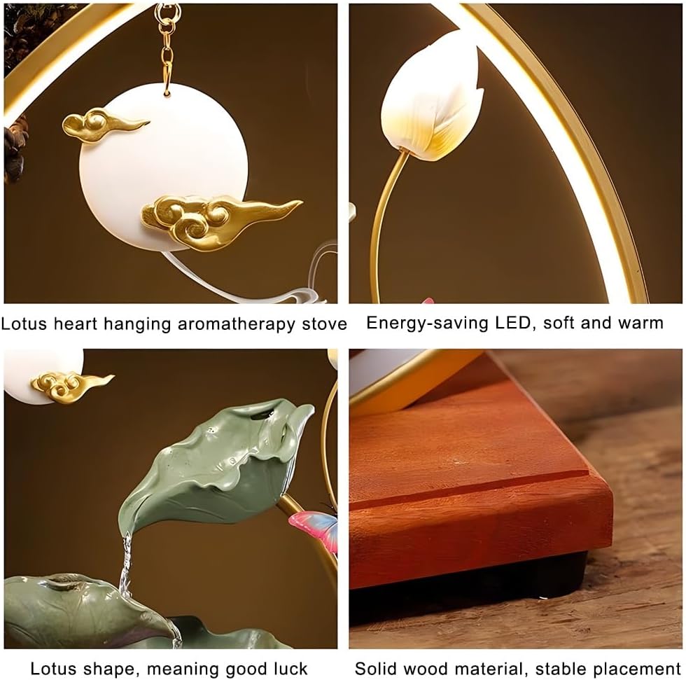 GZHERVICES Tabletop Fountains, 3D Indoor Waterfall with LED Light Ring and Backflow Incense Burner, Indoor Rain Curtain Waterfall Water Feature with Mist