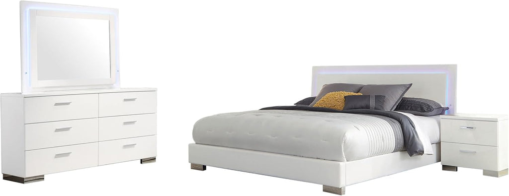 Coaster Home Furnishings Felicity Contemporary 4-Piece Bedroom Set Queen Size LED Panel Bed Frame 49-inch Headboard White High Gloss 203500Q-S4L