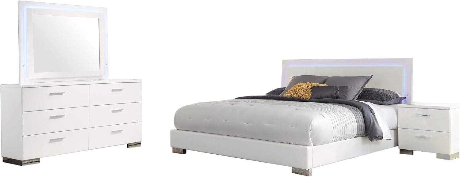 Coaster Home Furnishings Felicity Contemporary 4-Piece Bedroom Set Queen Size LED Panel Bed Frame 49-inch Headboard White High Gloss 203500Q-S4L