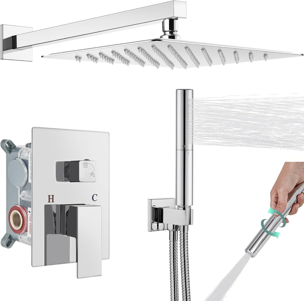 Heyalan Shower System Square Rain Shower System Head Shower Faucet Fixture 2 in 1 Handheld Shower Sprayer Rough in Valve Wall Mount Bathroom Rainfall Combo Set High Pressure,12 Inch,Polished Chrome