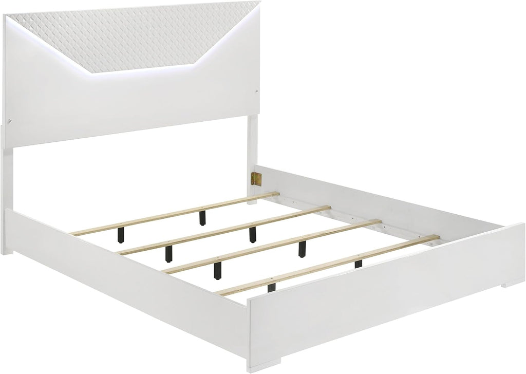 Coaster Home Furnishings Ives Contemporary Wood Queen Size LED Panel Bed Frame 57-inch Headboard White High Gloss 224941Q