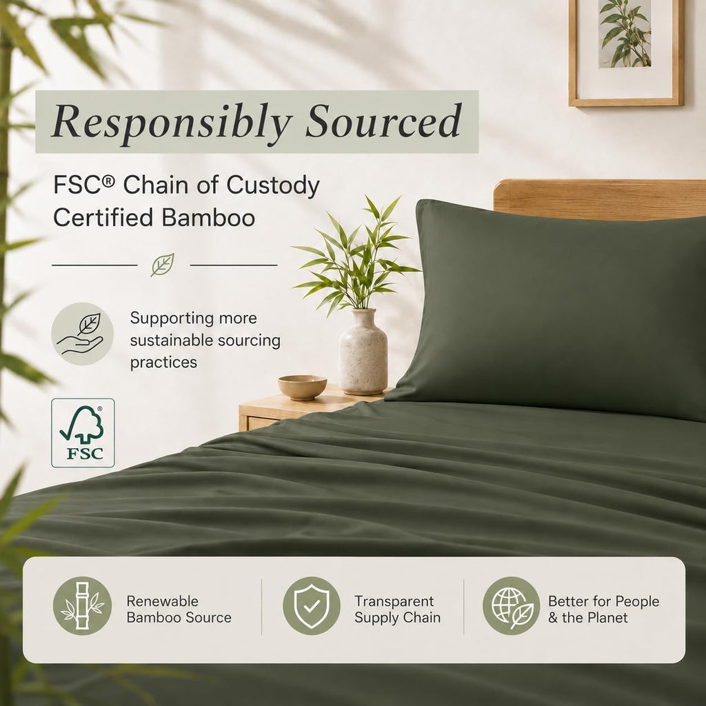 TOSMO Luxury Cooling Sheet Set | 100% Viscose from Organically Grown Bamboo | FSC® Certified | Queen Size | 18' Deep Pockets | Silky Soft Natural Bedding for Hot Sleeper [Olive]