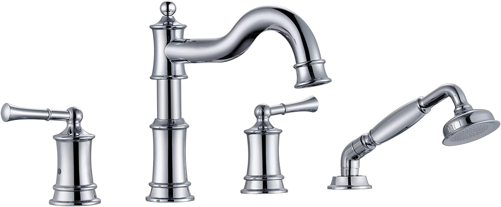 Roman Bathtub Faucet Set With Hand Shower 4 Hole Deck Mount Tub Filler With Diverter, 2 Lever Handle Rough-in Valve and Water Supply Lines Included for Bathroom Tub, Chrome