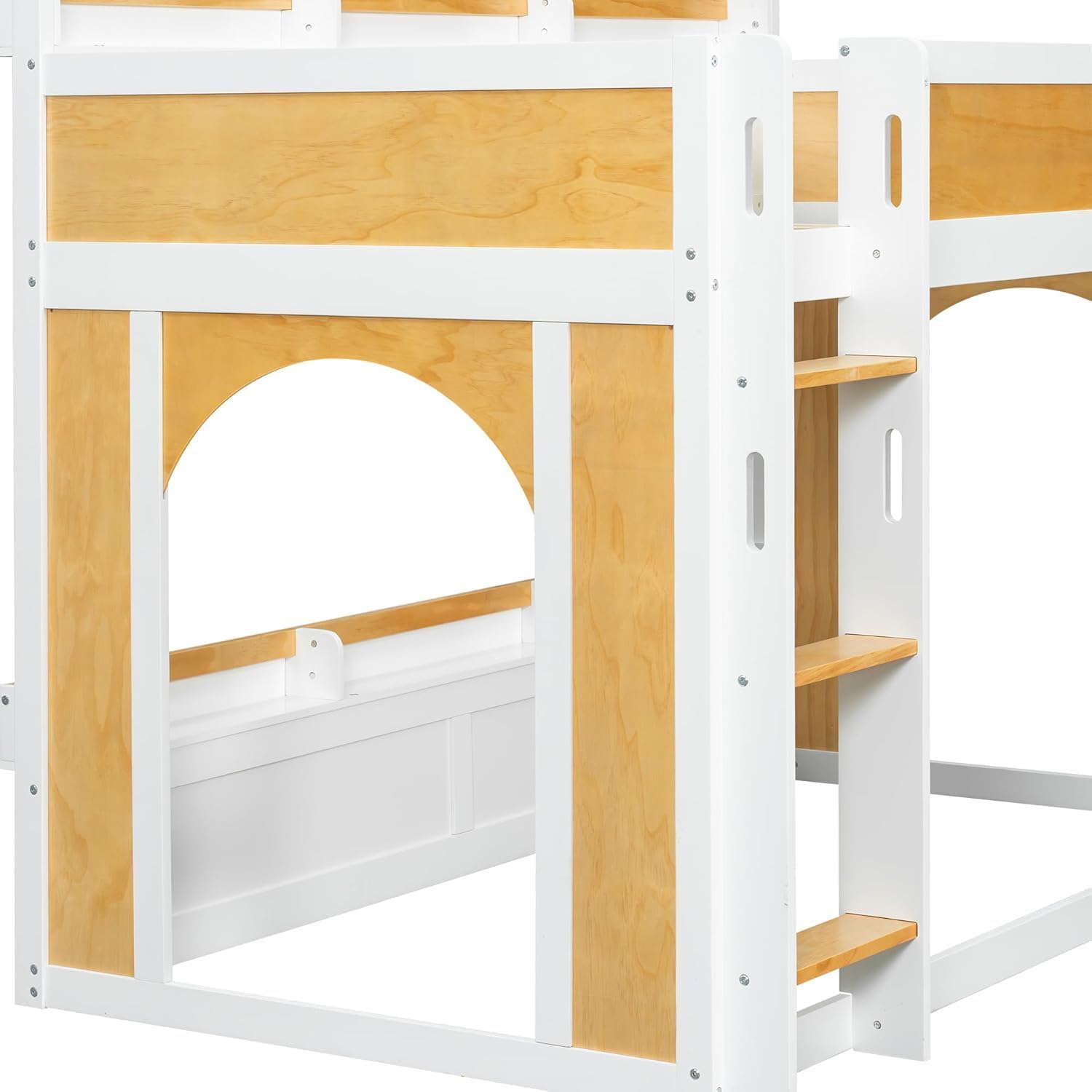MERITLINE Twin Over Twin Bunk Bed with Storage Shelves,Window,and Doors,Solid Wood Floor House Bunk Bed with Storage, Ladder and Guardrails for Teens Adults