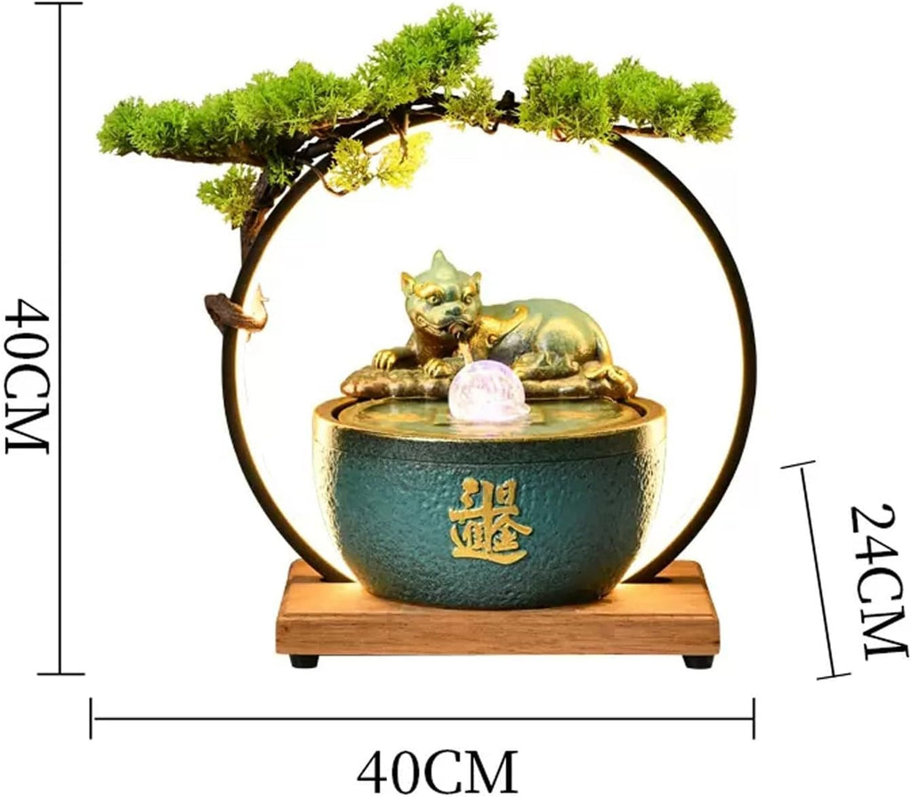 HIHELO Desktop Fountain Ceramic Tabletop Fountain with Wooden Base and LED Light Indoor Feng Shui Water Feature Office Home Decor Night Light Water Fountain Outdoor
