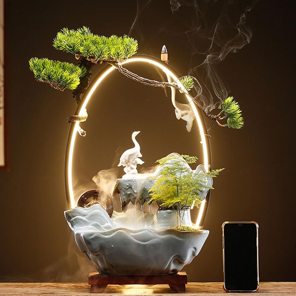 GUERNSEY Tabletop Fountain Chinese Flowing Water Rockery Desktop Fountain Ornaments Office Ceramic Desktop Fountain Living Room Desktop Decorations Indoor Waterfall Feature Indoor Fountain