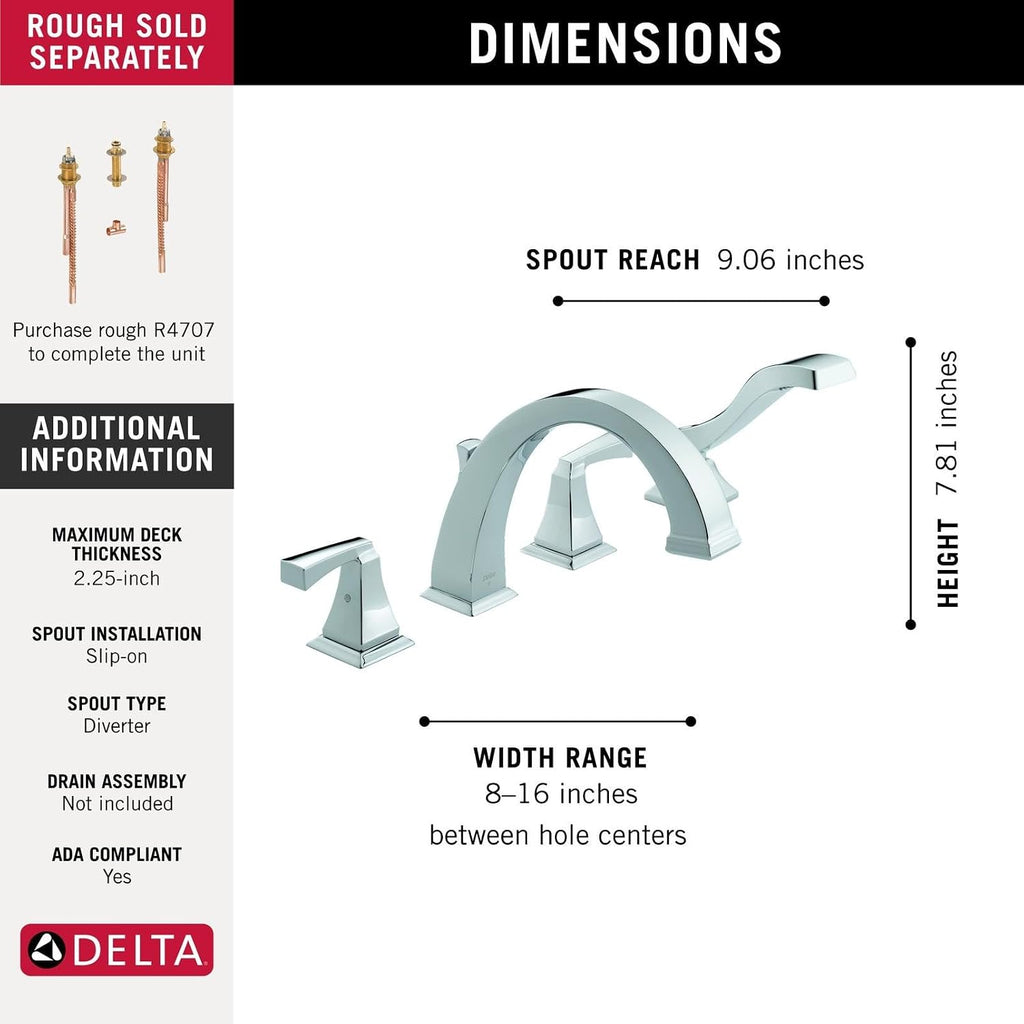 Delta Faucet Dryden Roman Tub Faucet with Hand Shower - T4751 - Bath Faucet, Handles & Hand Shower Set - Chrome (Valve Sold Separately)