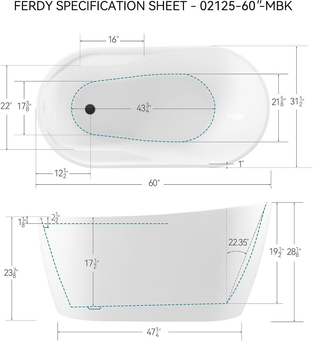 FerdY Lana'i 60' Freestanding Bathtub, Gracefully Shaped Freestanding Soaking tub, cUPC Certified, Matte Black Drain Assembly Included