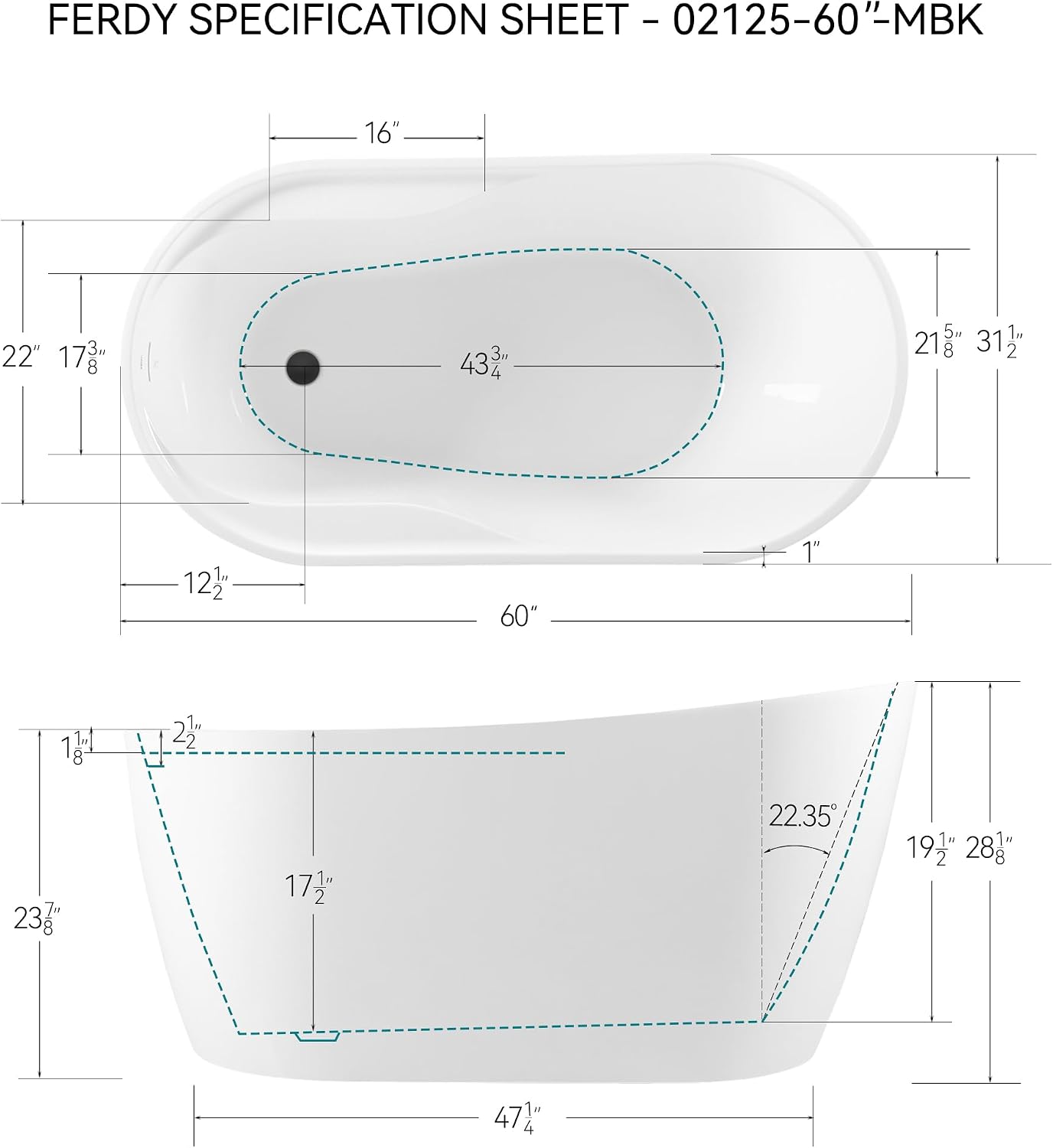 FerdY Lana'i 60' Freestanding Bathtub, Gracefully Shaped Freestanding Soaking tub, cUPC Certified, Matte Black Drain Assembly Included