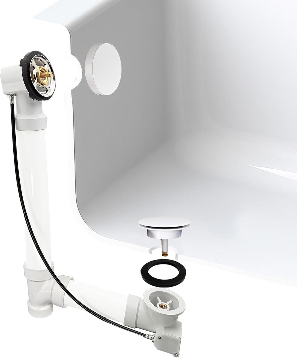 Westbrass D50P35SRE-50 35' Cable Drive Bathtub Drain Trim with Rotary Overflow Cover Knob, Pop-Up Stopper Sch. 40 PVC Fittings, Powder Coat White