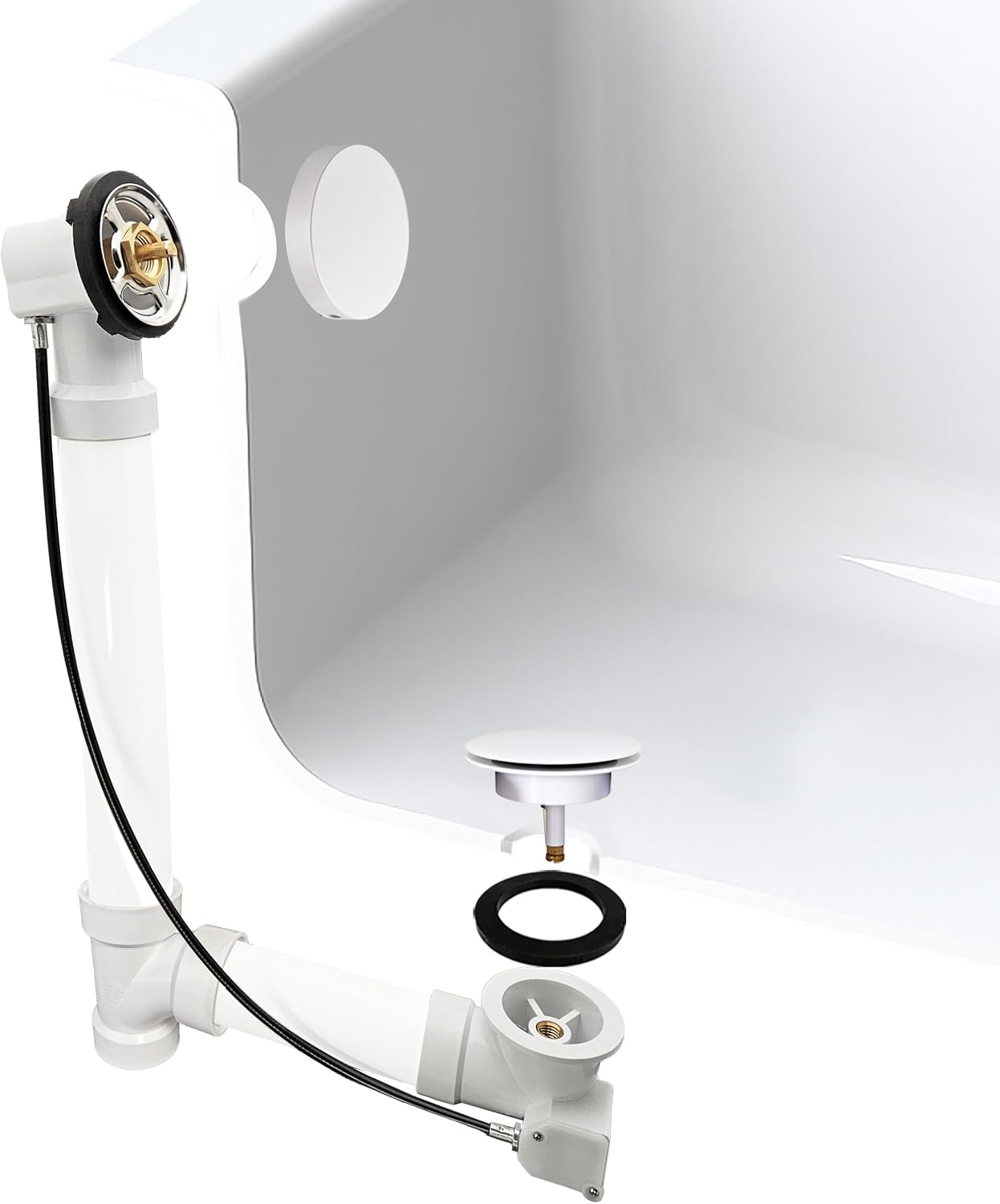 Westbrass D50P35SRE-50 35' Cable Drive Bathtub Drain Trim with Rotary Overflow Cover Knob, Pop-Up Stopper Sch. 40 PVC Fittings, Powder Coat White