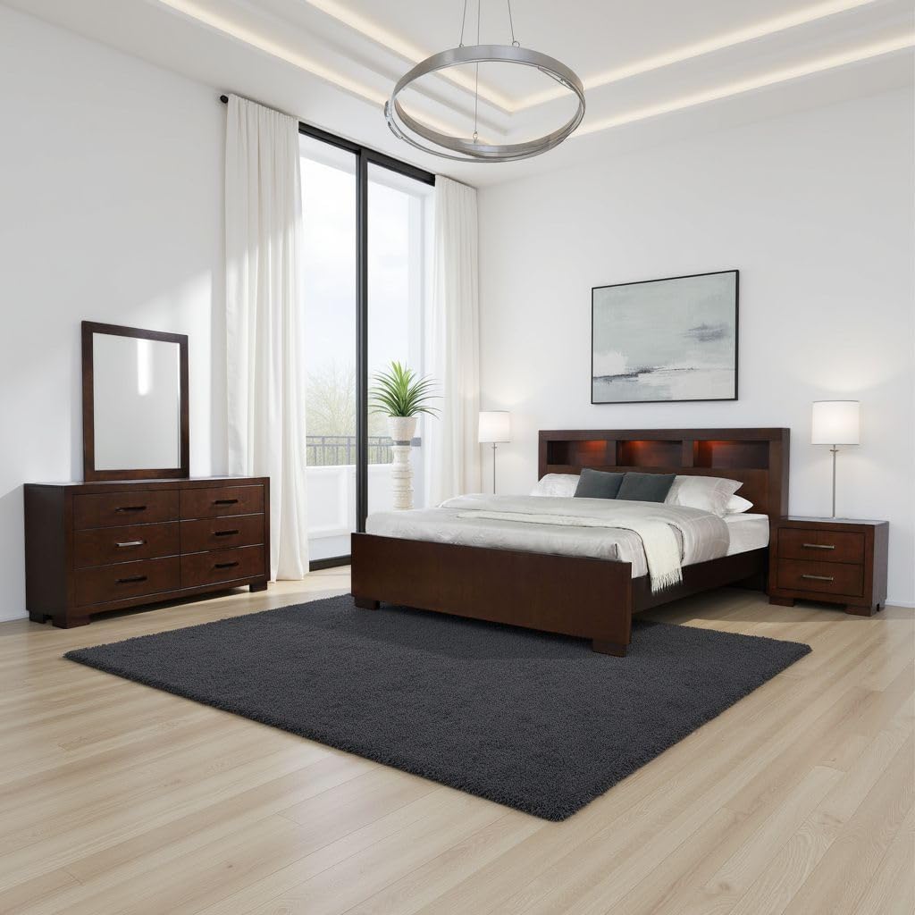Benzara Bela 4 Piece Queen Bedroom Set- Bookcase Headboard- Dark Brown