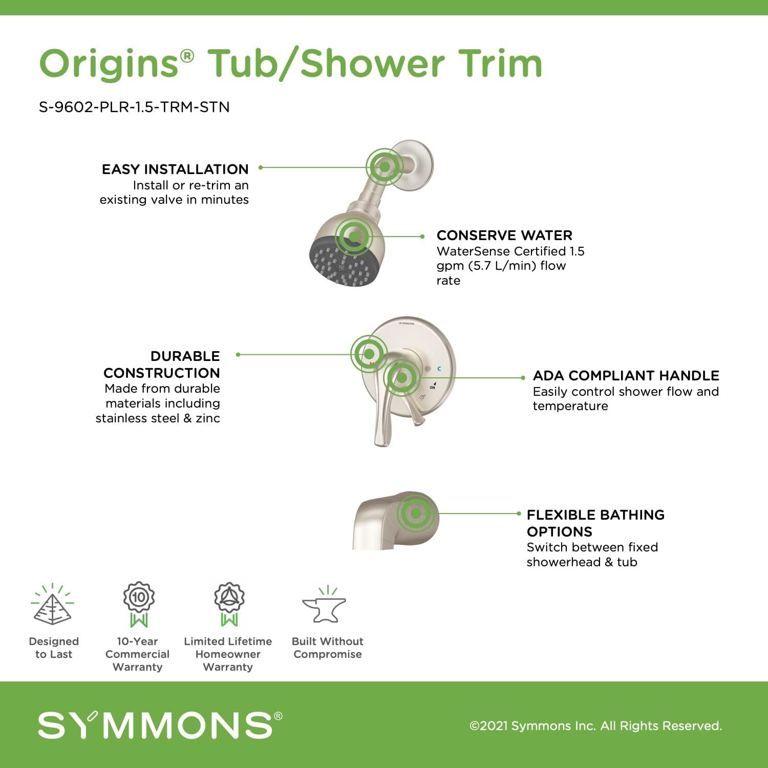 Symmons S-9602-PLR-1.5-TRM-STN Origins Single Handle 1-Spray Tub and Shower Faucet Trim in Satin Nickel - 1.5 GPM (Valve Not Included)