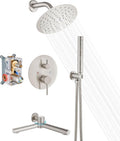 Airuida 3-Function Shower System with Tub Spout – Round Rainfall Shower Faucet Combo,Handheld Spray with 2 Functions,Includes Rough-In Valve with 360° Rotating Drain,8 Inch Shower Head,Brushed Nickel