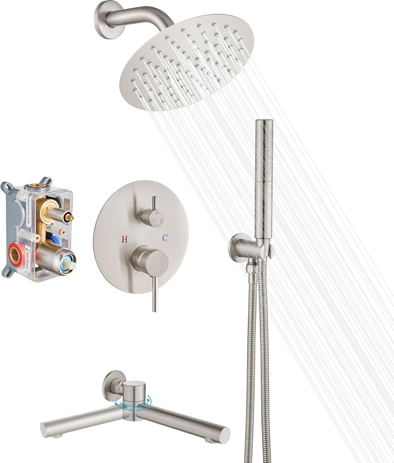 Airuida 3-Function Shower System with Tub Spout – Round Rainfall Shower Faucet Combo,Handheld Spray with 2 Functions,Includes Rough-In Valve with 360° Rotating Drain,8 Inch Shower Head,Brushed Nickel