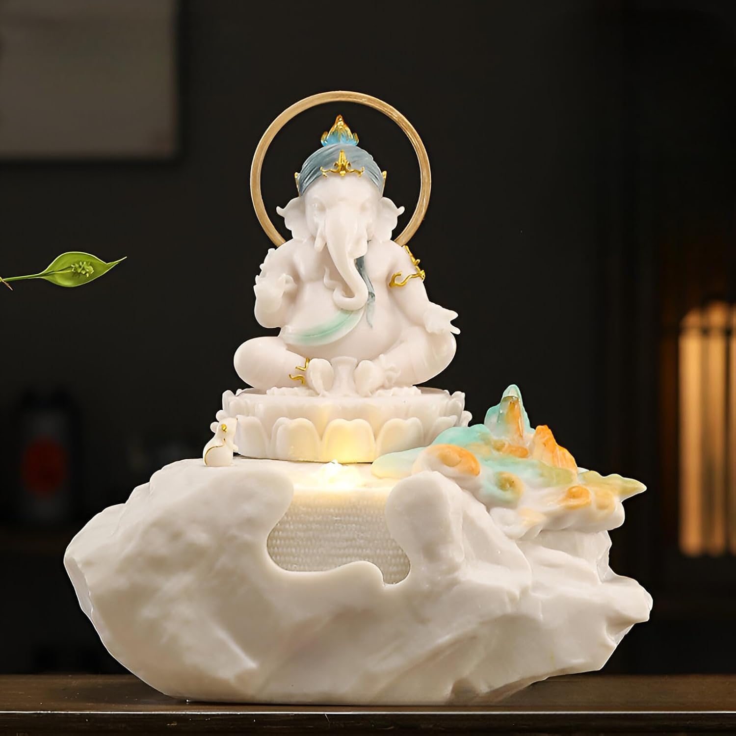 Zen Buddha Tabletop Fountain with LED Lights & Crystal Accents – Indoor Meditation Waterfall Feature with Cascading Water for Home, Office, Living Room or Bedroom – Free 10 Free Crystals (Style 3)
