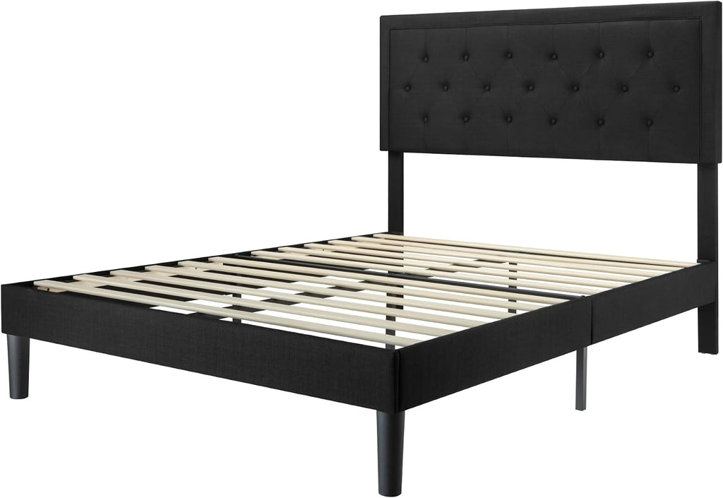 Allewie Queen Size Upholstered Platform Bed Frame with Adjustable Headboard, Button Tufted, Wood Slat Support, Easy Assembly, Black