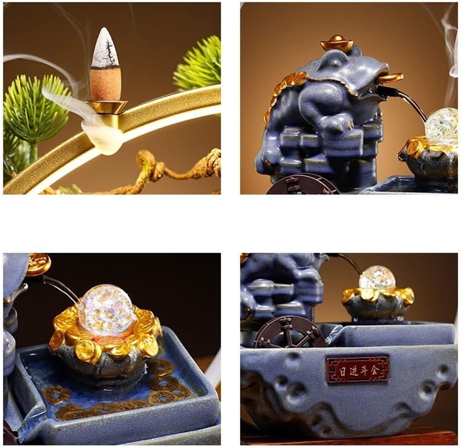 Chinese Retro Desktop Waterfall Fountain – Ceramic Tabletop Fountain with LED Light, Crystal Ball & Waterwheel