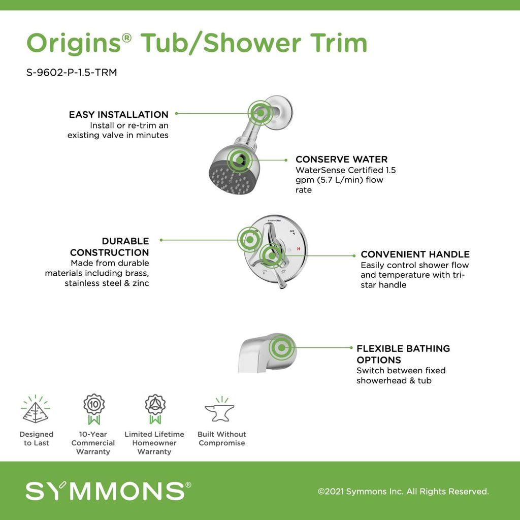 Symmons S-9602-P-1.5-TRM Origins Single Handle 1-Spray Tub and Shower Faucet Trim in Polished Chrome - 1.5 GPM (Valve Not Included)