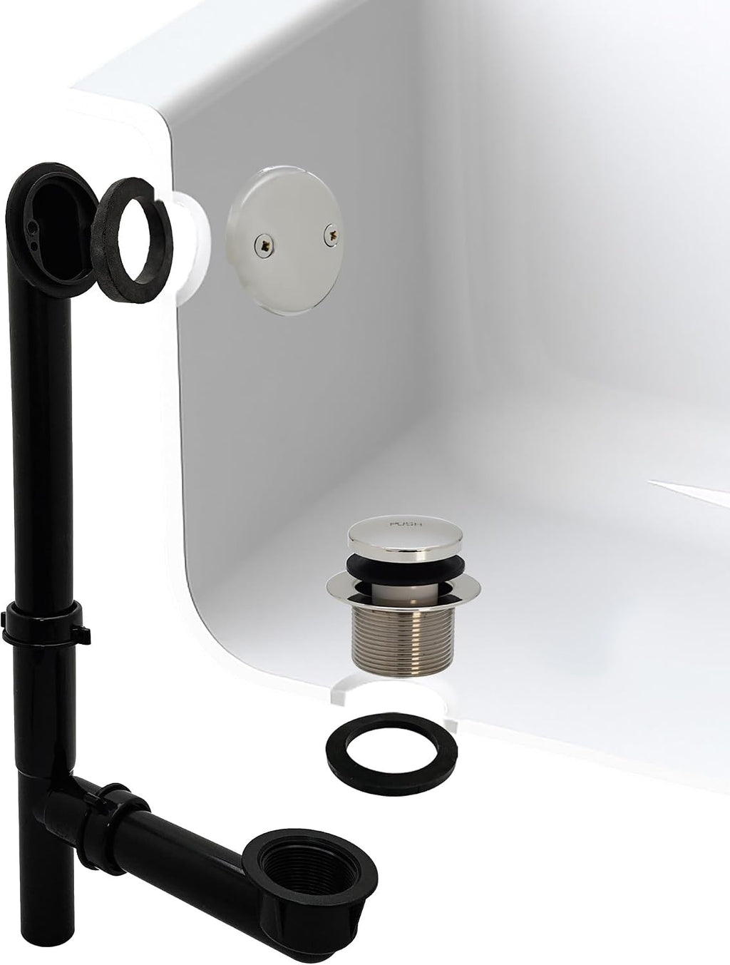 Westbrass 593144-4-05 14' Black Poly Tubular Bathtub Waste & Overflow Assembly with Tip-Toe Drain Plug and 2-Hole Faceplate, Polished Nickel (4-Pack)