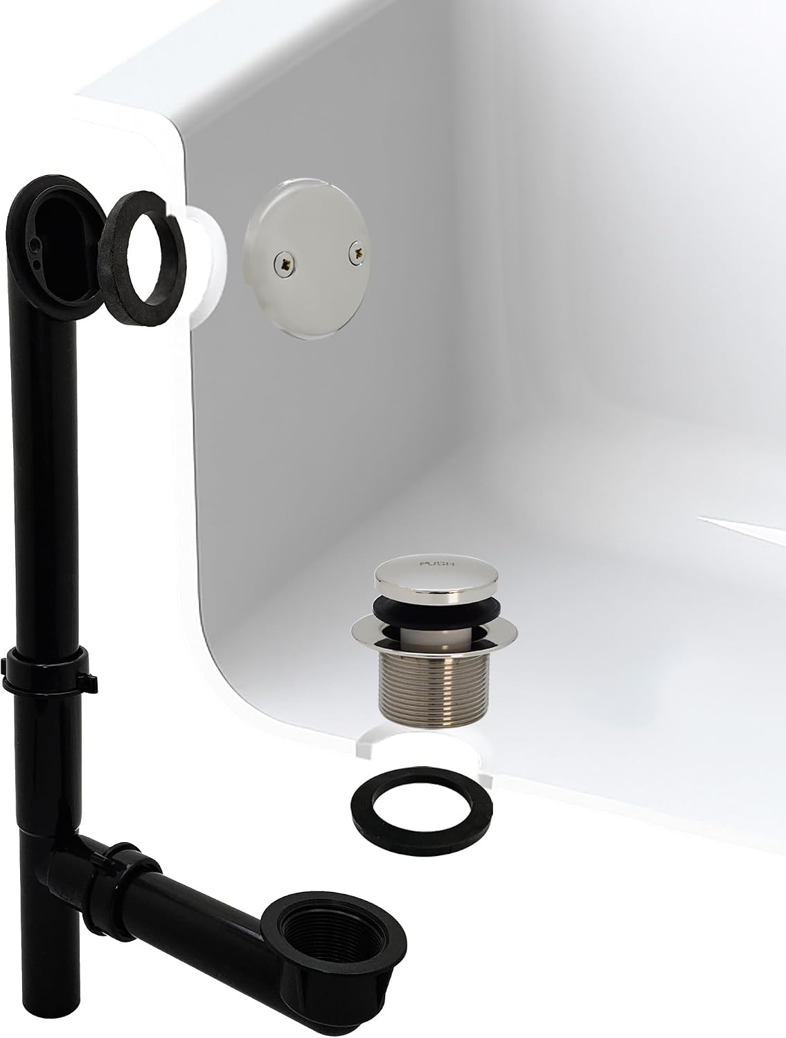 Westbrass 593144-4-05 14' Black Poly Tubular Bathtub Waste & Overflow Assembly with Tip-Toe Drain Plug and 2-Hole Faceplate, Polished Nickel (4-Pack)