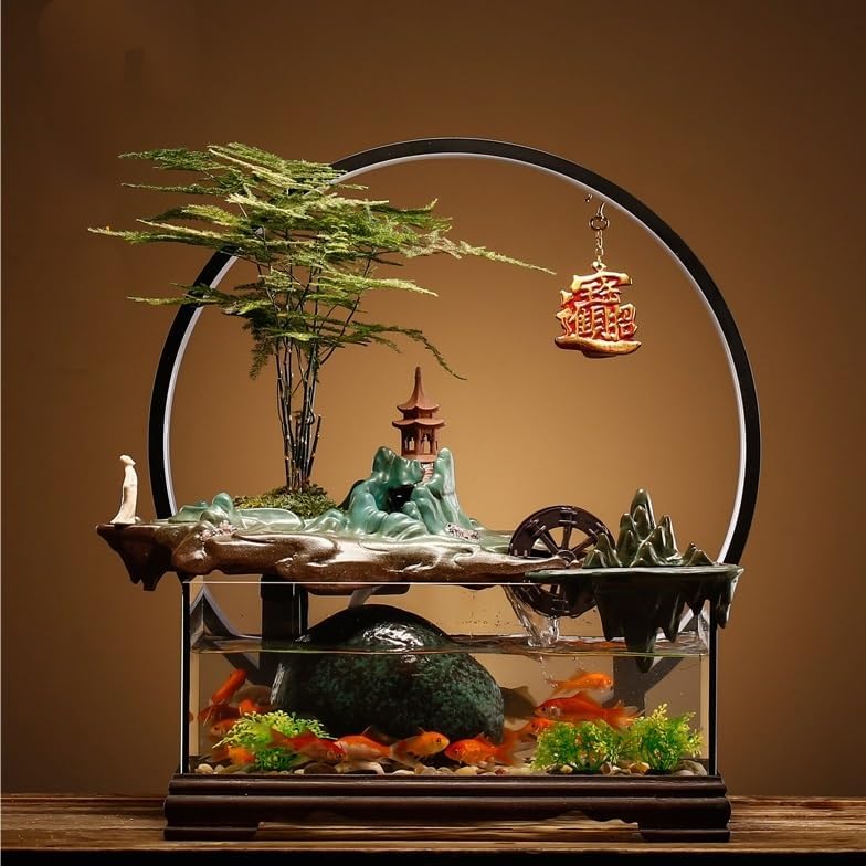 Tabletop Water Fountain Tabletop Fountain Fish Tank Flowing Water Ornaments Circulating Water Fountain Landscape Home Living Room Office Desktop Decoration Indoor Fountain(A)