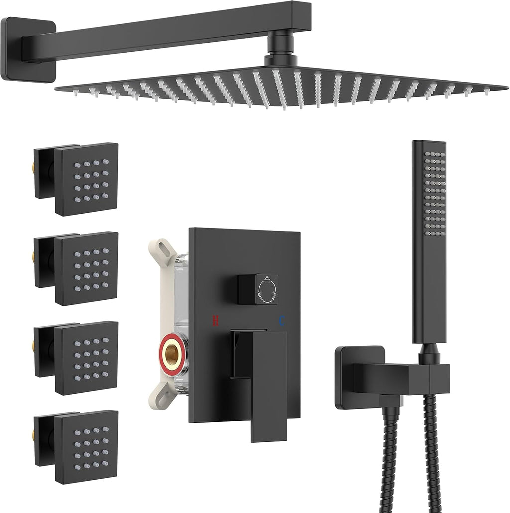 Iriber Mattle Black Square Rain Shower System with 4 PCS Body Jets 3 Function Shower Faucet Set Contain 12 Inch Shower Head and Handheld Wall Mounted Pressure Balance Shower Trim Kit (Valve Included)