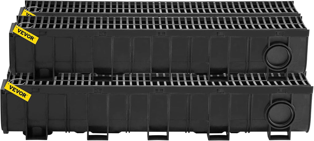 VEVOR Trench Drain System 5 Pack, Channel Drain with Plastic Grate 5.9 x 7.5 in HDPE Drainage Trench, Black Plastic Garage Floor Waterway 5 x 39 in with 5 End Caps for Garden Driveway
