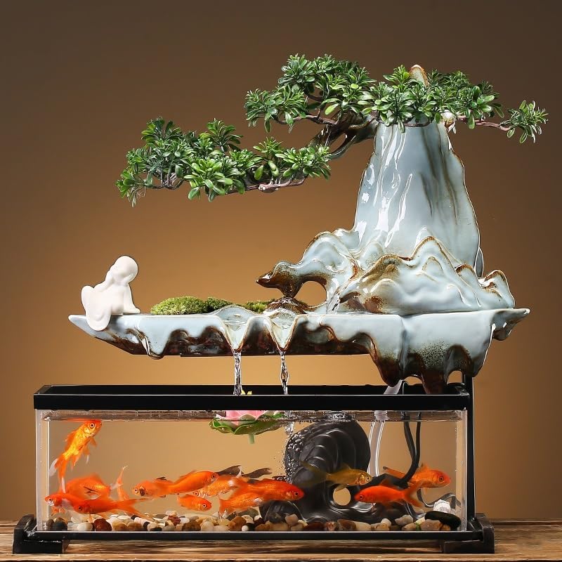 GUERNSEY Tabletop Fountain Tabletop Fountain Chinese Style Flowing Water Ornaments Landscape Fish Tank Living Room Small Fountain Waterfall Office Creative Decoration Indoor Fountain