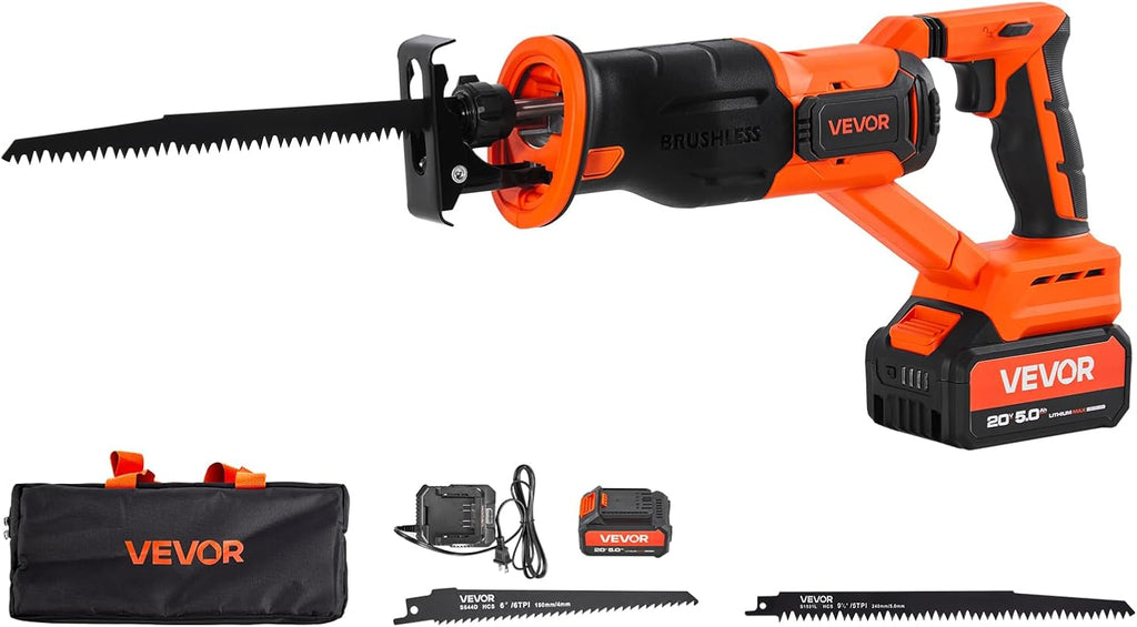 VEVOR 20V Brushless Reciprocating Saw, Cordless Reciprocating Saw with Battery, 3000 SPM Variable Speed, 1' Stroke Length Charger, 8 Blades, and Carrying Bag, for Wood, Metal and Plastic Cutting