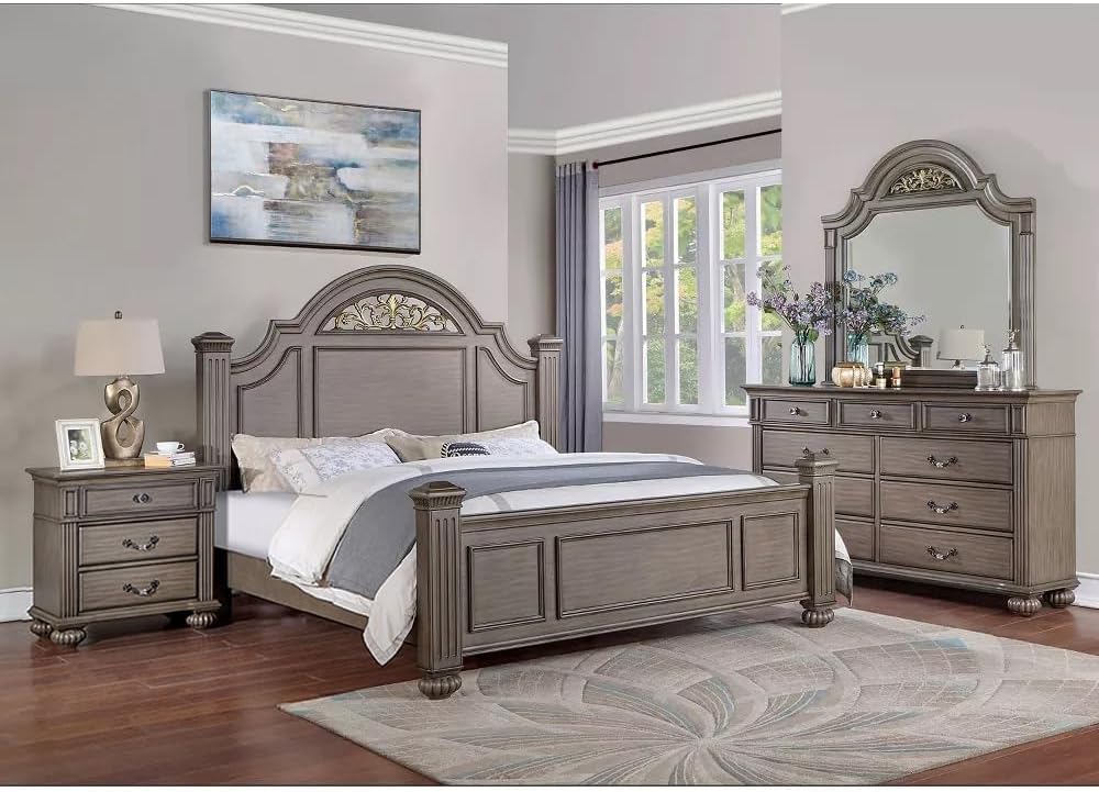 simple relax 4 Piece Wooden Queen Size Bedroom Set, Grey