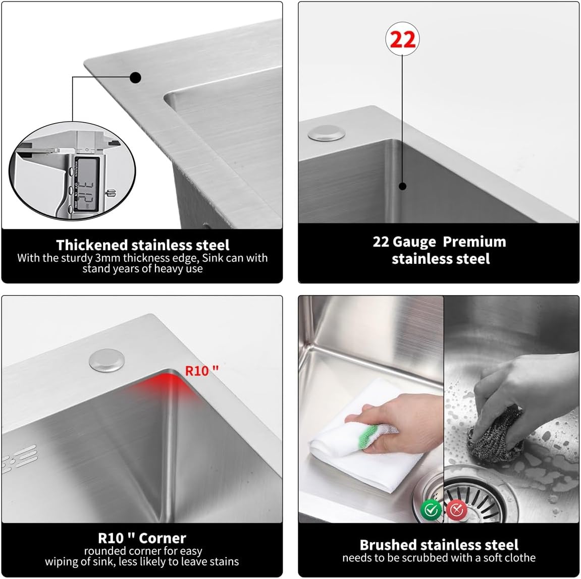 27 inch Kitchen Sink Drop in Stainless Steel Top Mount Sink with Brushed Finish, Single Bowl Workstation Sink with Basket Strainer and Kitchen Sink Caddy Organizer 26.8'D x 17.7'W x 8.3'H
