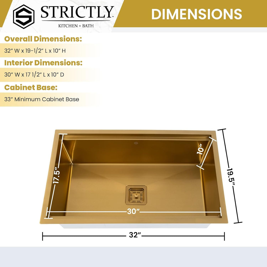 Strictly Sinks Undermount Workstation Kitchen Sink – 32 Inch 16 Gauge Embossed Hexagon Texture Gold Kitchen Sink with Grid, Wood Cutting Board, Colander, 1 Strainer Drain & 1 Garbage Disposal Adapter