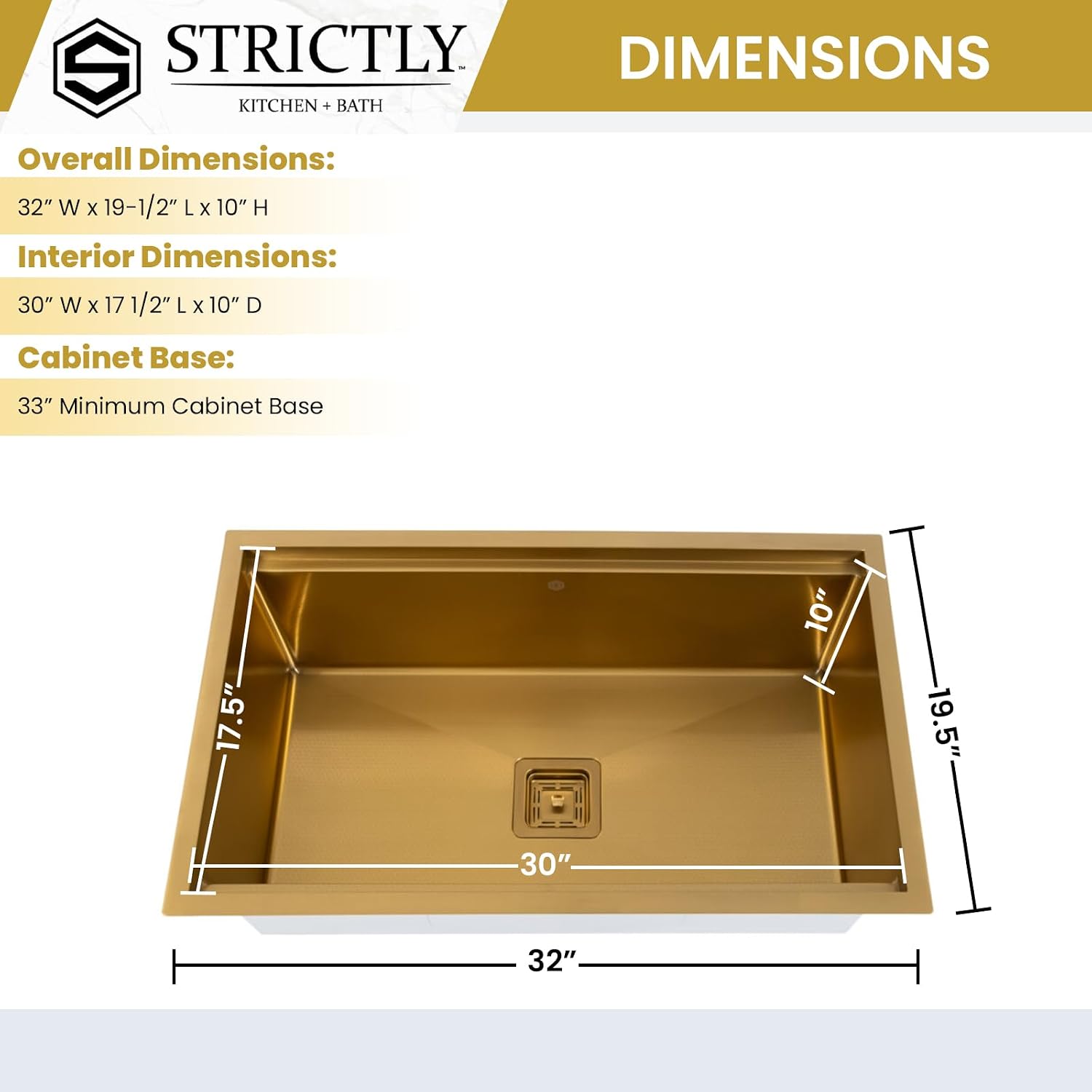 Strictly Sinks Undermount Workstation Kitchen Sink – 32 Inch 16 Gauge Embossed Hexagon Texture Gold Kitchen Sink with Grid, Wood Cutting Board, Colander, 1 Strainer Drain & 1 Garbage Disposal Adapter