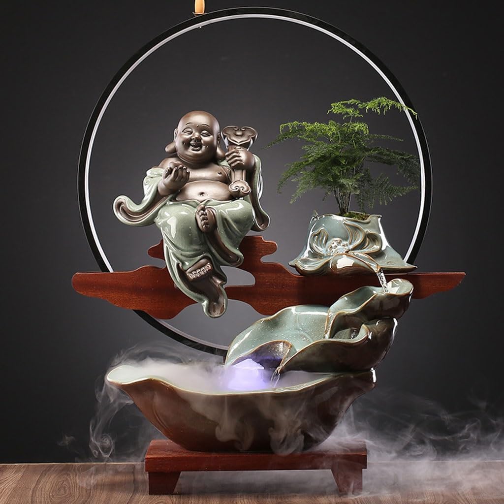 GUERNSEY Tabletop Fountain Tabletop Fountains Chinese-Style Maitreya Buddha Water Fountain Ornaments Office Living Room Decoration Ornaments Indoor Creative Ornaments Indoor Fountain