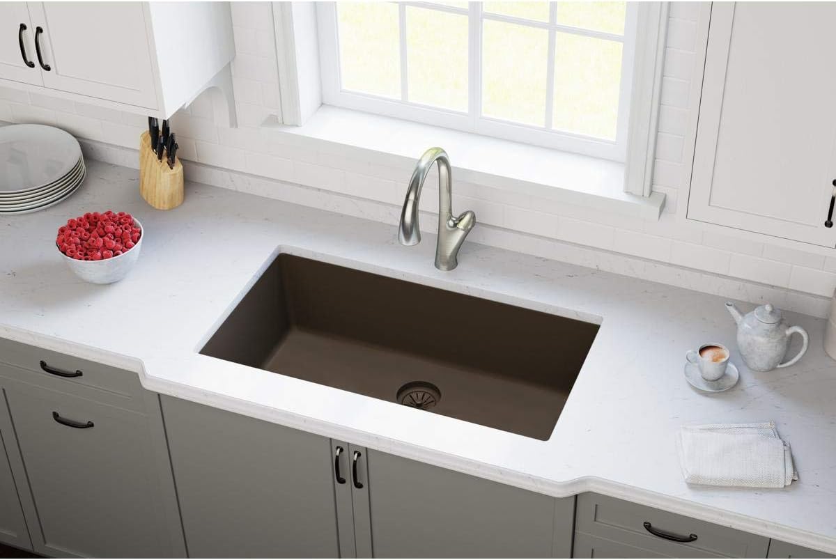 Elkay Quartz Perfect Drain 3-1/2' Polymer Disposer Flange with Removable Basket Strainer and Rubber Stopper Chestnut