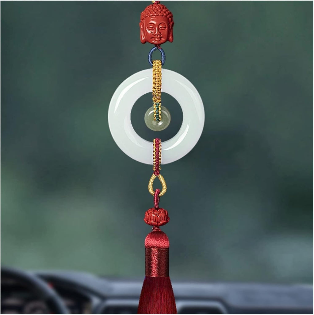 TITIZA Car Interior Good Luck Pendant Hetian Jade Peace Buckle Charm Car Rearview Mirror Pendant Men and Women Gifts Pendant