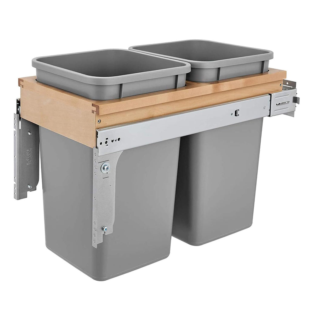 Rev-A-Shelf 27 Qt Top Mount Double Pullout Under Cabinet Kitchen Trash Cans w/Soft-Close for Base Cabinets, 150 Pound Rated Full-Extension Slides, Min Opening Width of 12', Silver, 4WCTM-15BBSCDM2