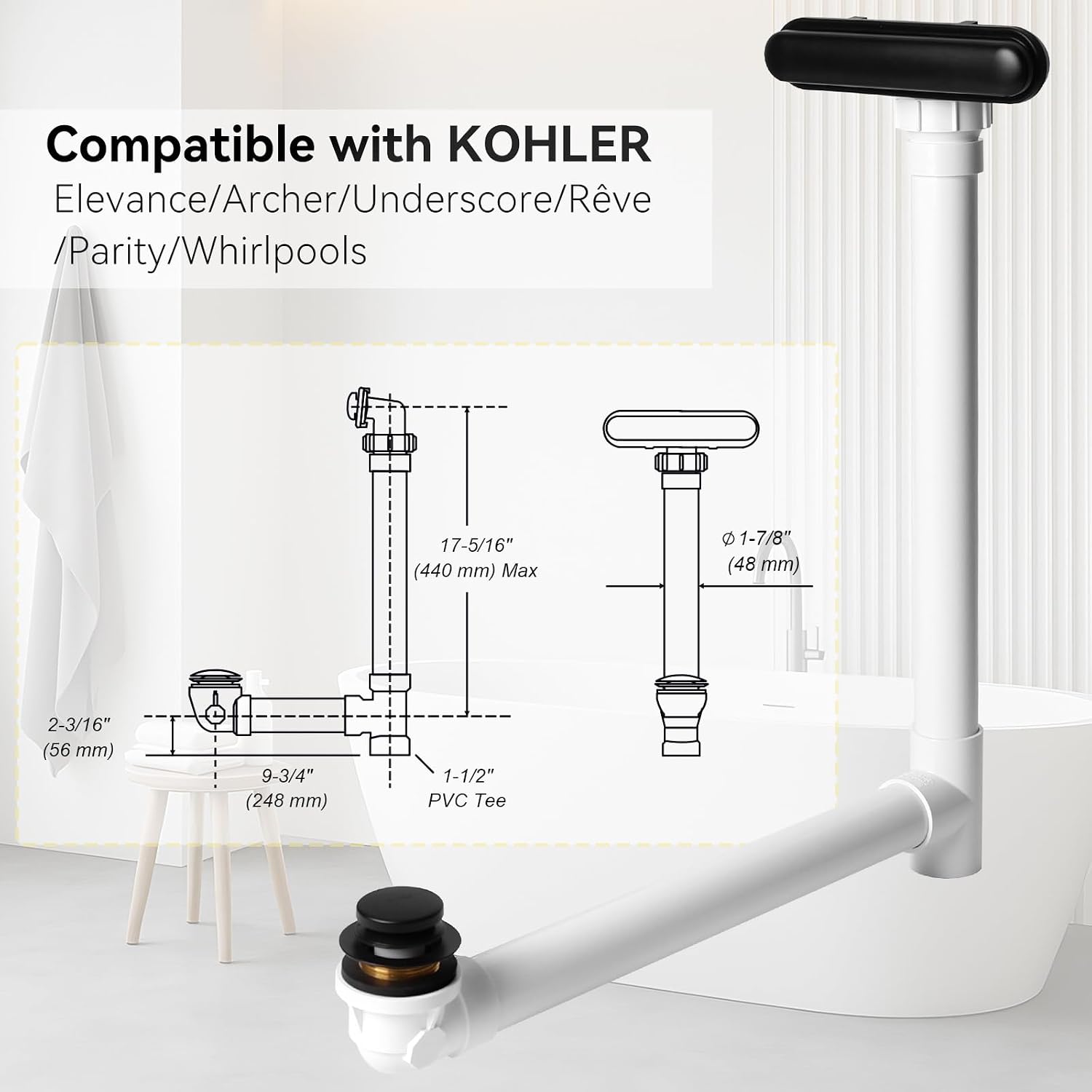 Slotted Overflow Bath Drain with Toe-Tap Stopper, Compatible with Kohler Elevance/Archer/Underscore/Rêve/Parity Baths and whirlpools, Easy Installation, Slotted Overflow Bath Drain (Matte Black)