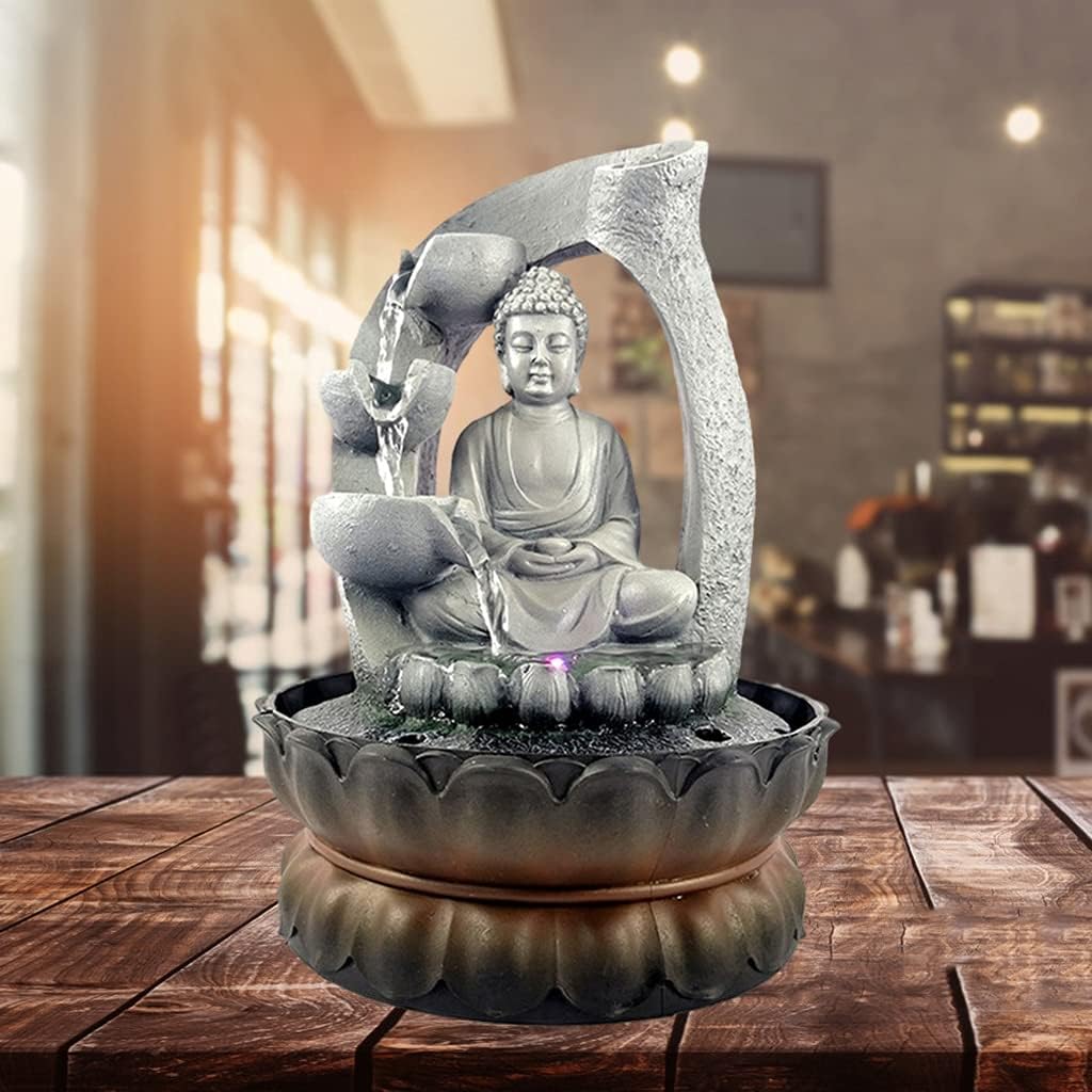 Creative Tabletop Fountain with LED Lights - Buddha Statue Waterfall Decor, Resin Indoor Water Feature, Feng Shui Ornaments for Home Decoration & Relaxation