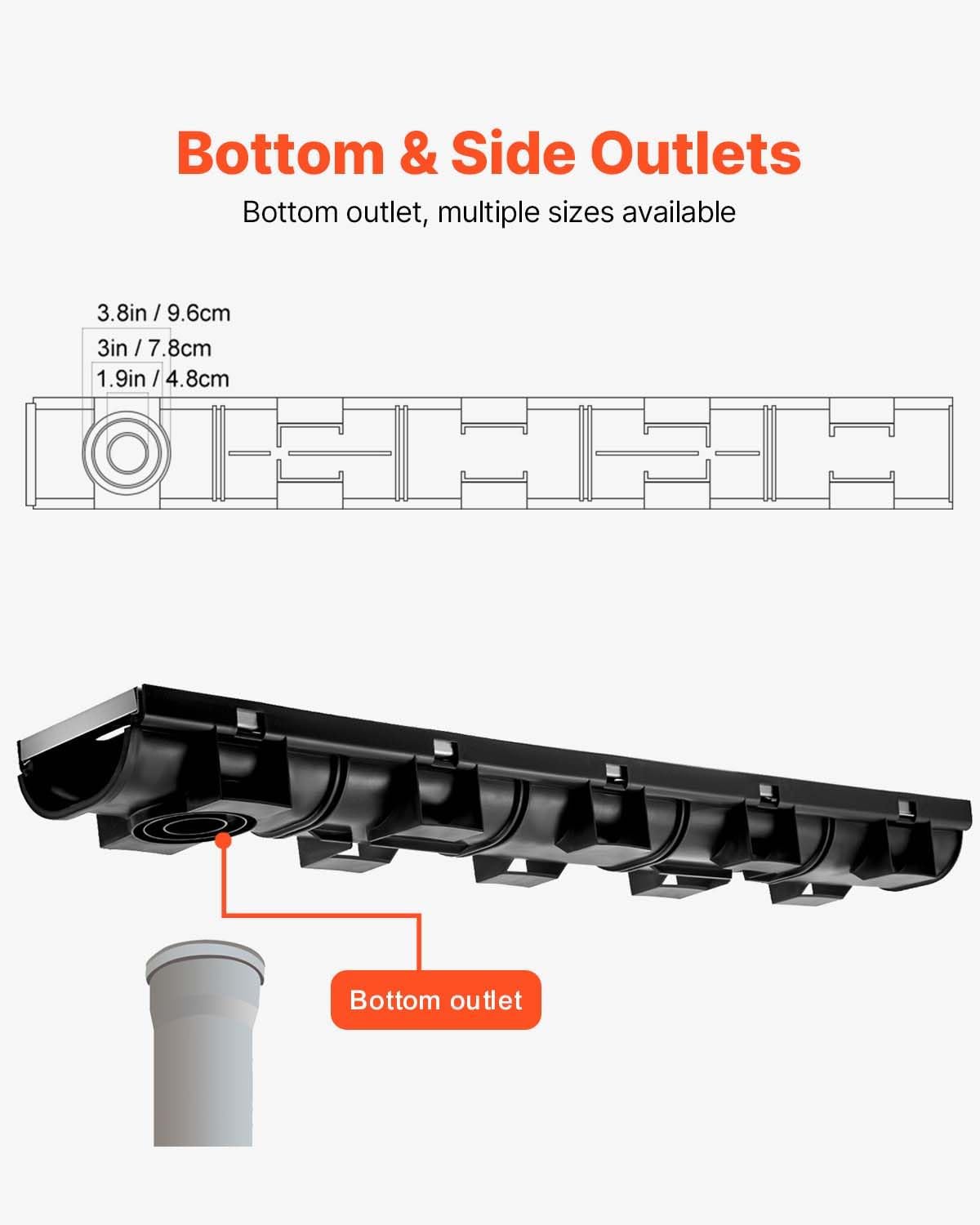 VEVOR Trench Drain System 5 Pack, Channel Drain with Metal Grate 5.7 x 3.1 in HDPE Drainage Trench, Black Plastic Garage Floor Waterway 5 x 39 in with 5 End Caps for Garden Driveway