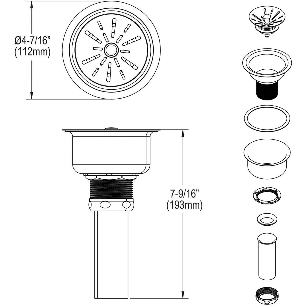 Elkay Deluxe 3-1/2' Drain with Satin Finish Type 304, Stainless Steel Body Strainer Basket Rubber Seal and Tailpiece,LK99S