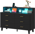 knoworld Black Dresser with LED Lights, 6 Drawer Dresser with Power Outlet for Bedroom, Large Wooden Chest of Drawers, Organizer Cabinet for Bedroom,Living Room,Hallway, Entryway
