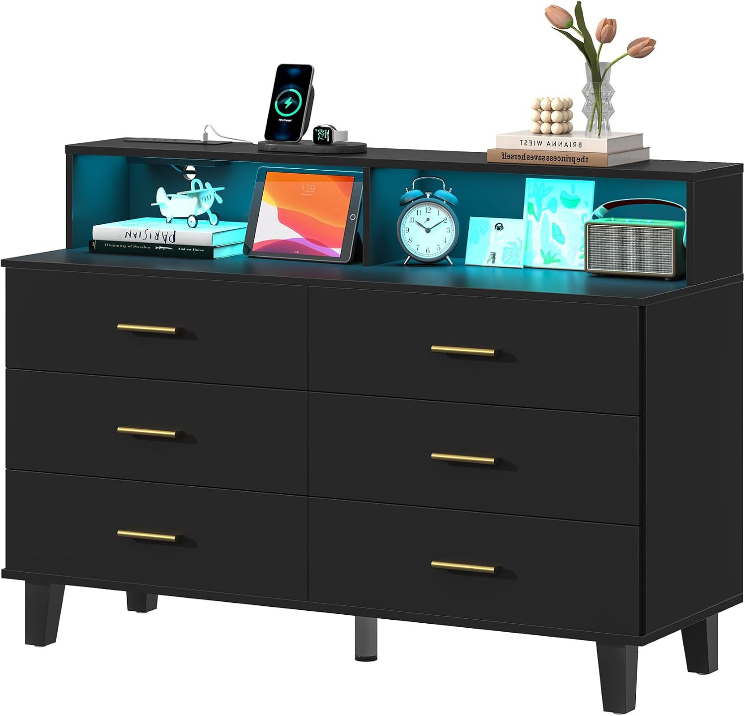 knoworld Black Dresser with LED Lights, 6 Drawer Dresser with Power Outlet for Bedroom, Large Wooden Chest of Drawers, Organizer Cabinet for Bedroom,Living Room,Hallway, Entryway