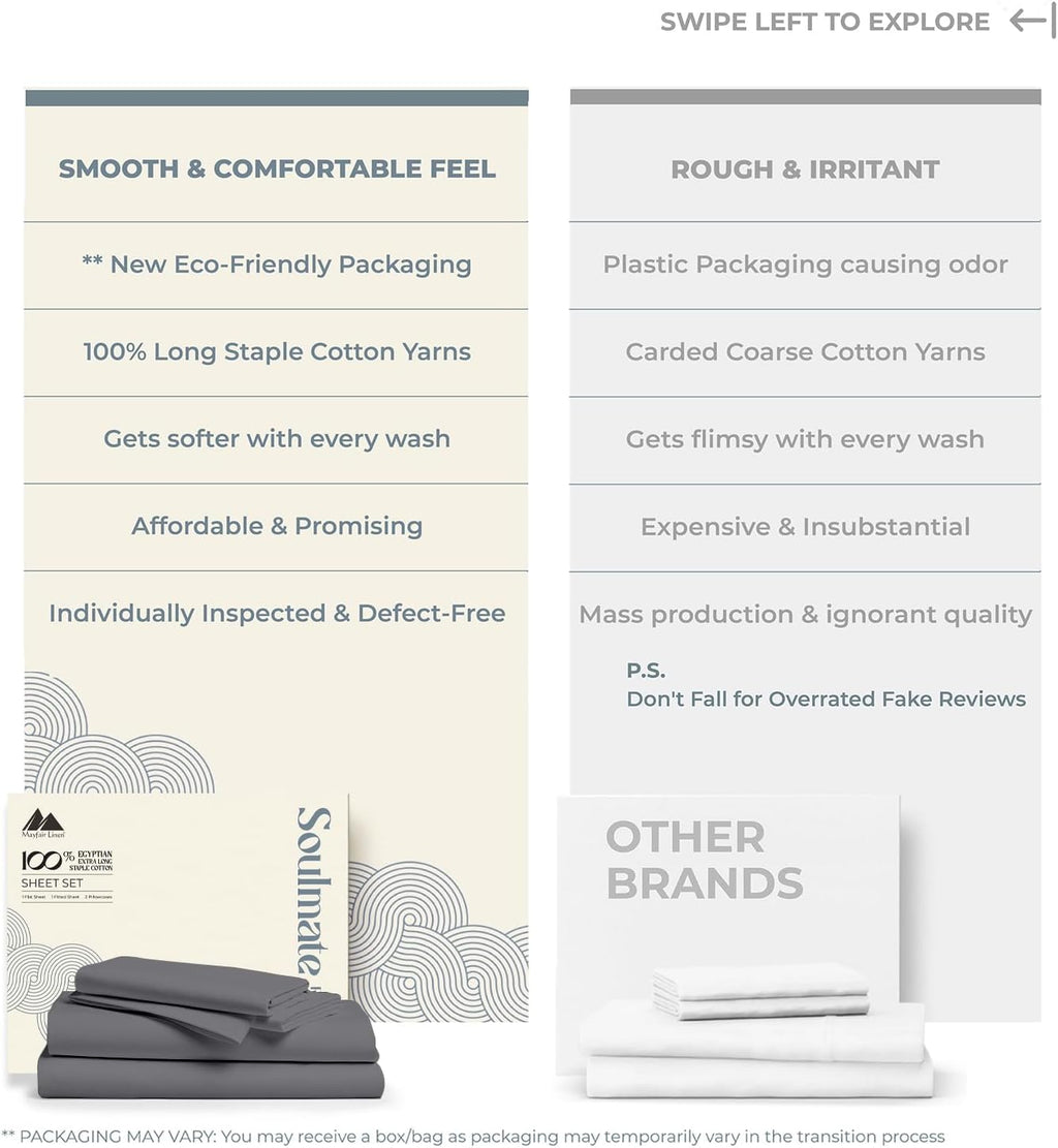 Mayfair Linen 100% Egyptian Cotton 2 Pack Queen Sheet Set - Luxury 500 Series Soulmate Collection Cotton Sheets Queen Size (8 PC, Dark Grey), Soft, Cooling, Sateen 16' Deep Pocket Hotel Quality Sheet