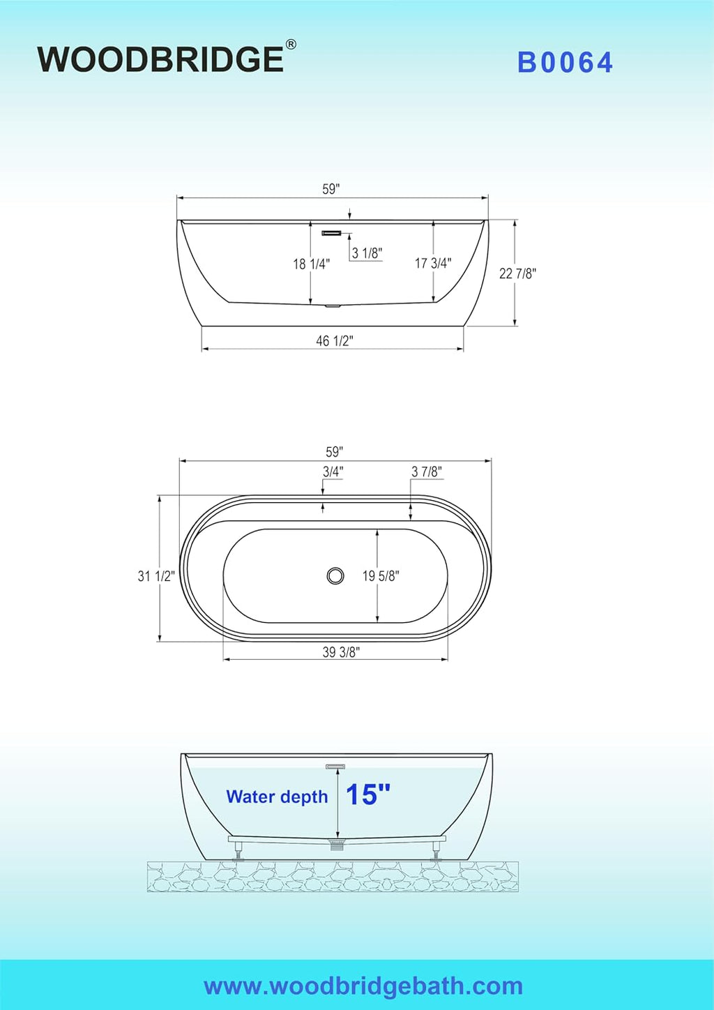 WOODBRIDGE 59' Acrylic Freestanding Bathtub Contemporary Soaking White Tub with Matte Black Overflow and Drain,White,B0064 MB