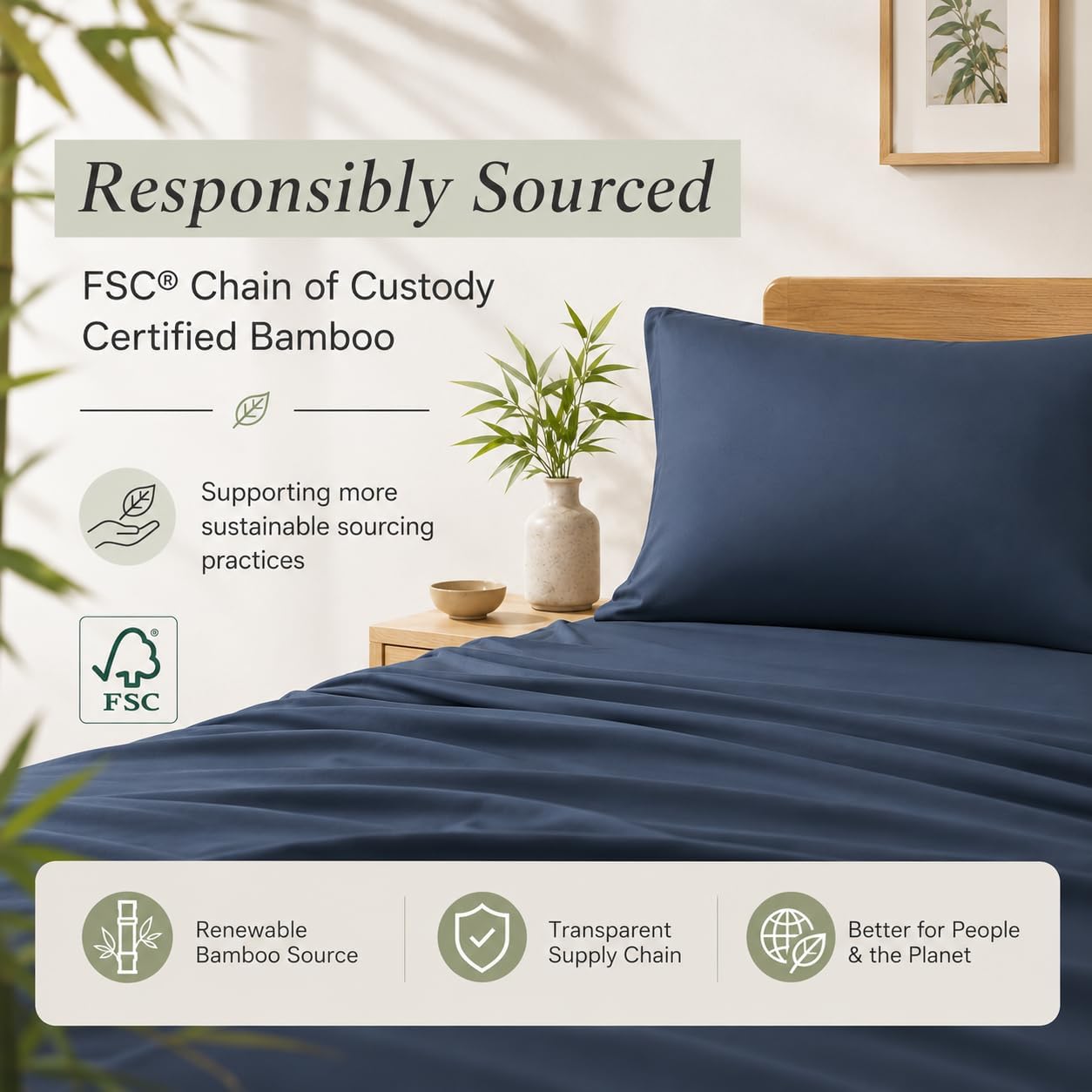 TOSMO Luxury Cooling Sheet Set | 100% Viscose from Organically Grown Bamboo | FSC® Certified | Queen Size | 18' Deep Pockets | Silky Soft Natural Bedding for Hot Sleeper [Slate]