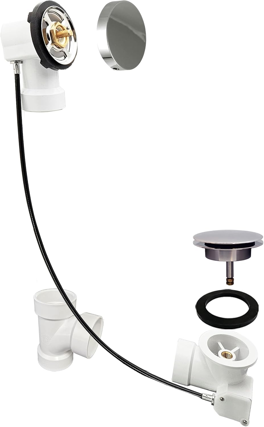 Westbrass D50P35SRE-05 35' Cable Drive Bathtub Drain Trim with Rotary Overflow Cover Knob, Pop-Up Stopper Sch. 40 PVC Fittings, Polished Nickel