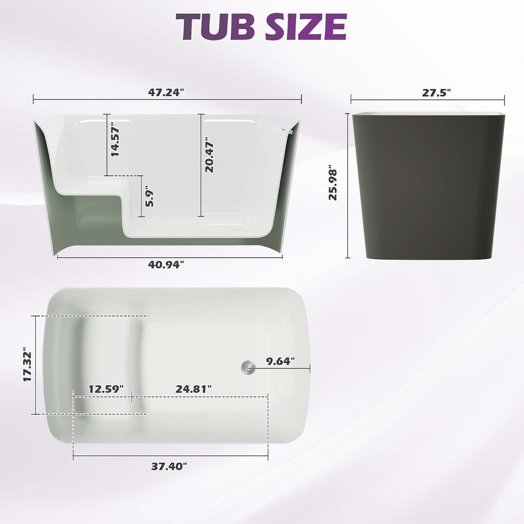 47' Lucite Acrylic Freestanding Bathtub，Square Shape Janpanese Soaking Tub with Seat Desgin,Toe-tap Chrome Right Drain, Slotted Overflow, cUPC Certified, 37° Gray