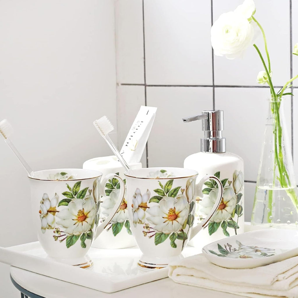 Bathroom Accessories Set 5 Piece Modern Ceramic Bathroom Accessory Set with Soap Dispenser, Tumbler Toothbrush Holder Dish 4pcs Victorian Decor(D)